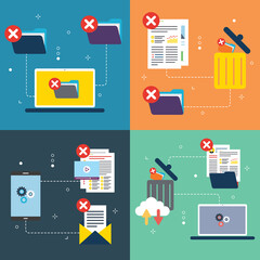 Computer, trash digital, documents and cloud computing icons. Concepts of delete folder, trash digital, destroy data and cloud computing trash. Flat design icons in vector illustration.