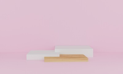 3d rendering. Abstract minimal scene with geometric. wood podium on pink background. Pedestal or platform for display, product presentation, mock up, show cosmetic product