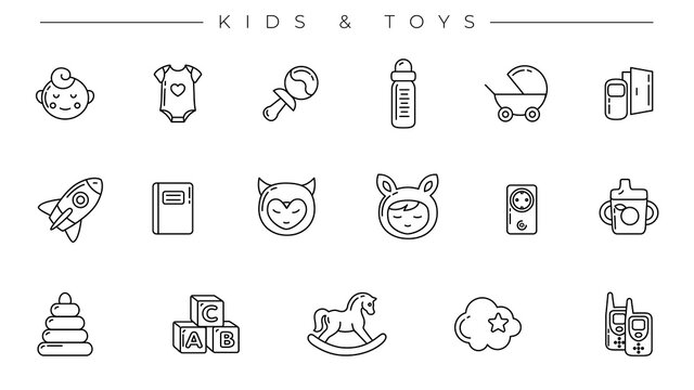 Kids and Toys concept line style vector icons set.