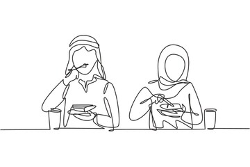 Single continuous line drawing young Arab couple husband and wife having meal around table. Celebrate wedding anniversary with romantic dinner. Dynamic one line draw graphic design vector illustration