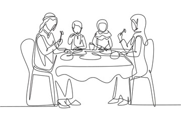 Continuous one line drawing Arabian family eating meal around kitchen table. Happy daddy, mom and two kids sitting eating healthy lunch in home. Single line draw design vector graphic illustration