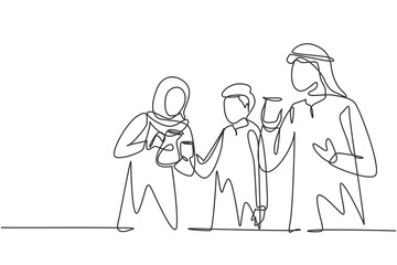 Single continuous line drawing young Arab family celebrate togetherness and holiday by drinking hot tea. Relaxing and refresh moment in life. Dynamic one line draw graphic design vector illustration