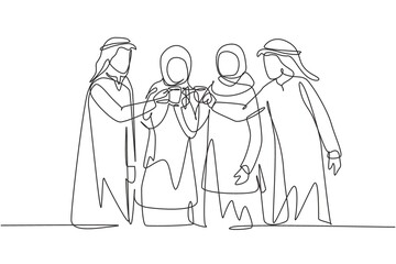 Continuous one line drawing Arabian teenagers toast with soft drinks to celebrate friendship at garden party. Happy togetherness and lifestyle. Single line draw design vector graphic illustration