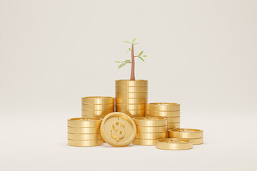 Coin stack growth with tree on white background. Growing saving concept. 3D illustration.