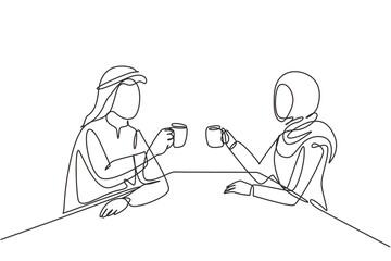 Fototapeta na wymiar Single continuous line drawing young Arabian couple holding a cup of hot coffee, preparing toast to celebrate success of office work project. Dynamic one line draw graphic design vector illustration
