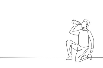 Single continuous line drawing young Arab man drinking water in bottle while squatting after running. Morning exercise causes thirst and dehydration. One line draw graphic design vector illustration