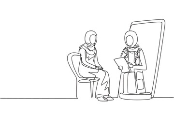 Continuous one line drawing hijab female doctor holding clipboard checking condition of Arab female patient sitting on chair. Online consultation. Single line draw design vector graphic illustration