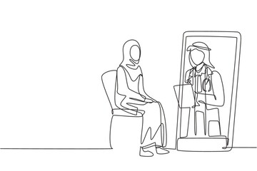 Single one line drawing Arabian male doctor holding clipboard checking condition of female patient sitting on chair. Online consultation. Modern continuous line draw design graphic vector illustration