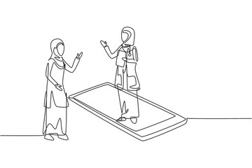 Single one line drawing hijab female doctor standing on smartphone, in front of her standing female patient. Online medical services. Modern continuous line draw design graphic vector illustration