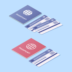 Air travel concept. National passport and plane ticket. Colored isometric vector illustration. Isolated on white background.