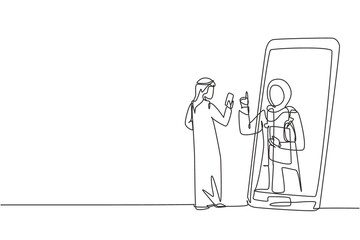 Single continuous line drawing Arab male patient holding smartphone standing facing giant smartphone and consulting female doctor. Doctor online. Dynamic one line graphic design vector illustration