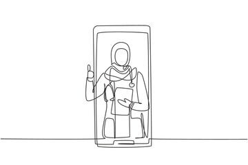 Single one line drawing hijab female doctor comes out of smartphone screen while making thumbs up gesture. Online medical consultation. Modern continuous line draw design graphic vector illustration