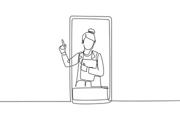 Single one line drawing female doctor comes out of smartphone screen holding clipboard. Online medical services, medical consultation. Modern continuous line draw design graphic vector illustration