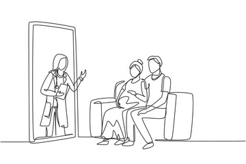 Continuous one line drawing female doctor comes out from smartphone screen facing patient and gives consultation to patient young couple with pregnant wife. Single line draw design vector graphic