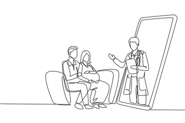 Single one line drawing male doctor comes out from smartphone screen facing patient and gives consultation to patient young couple with pregnant wife. Modern continuous line draw design graphic vector