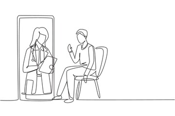 Continuous one line drawing female doctor holding clipboard checking condition of male patient sitting on chair. Online doctor consultation concept. Single line draw design vector graphic illustration