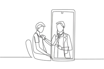 Single continuous line drawing male doctor comes out of smartphone screen and checks male patient's heart rate using a stethoscope sitting on chair. One line draw graphic design vector illustration