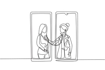Single continuous line drawing two smartphones facing each other with female doctor checking heart rate of female patient using stethoscope. Dynamic one line draw graphic design vector illustration