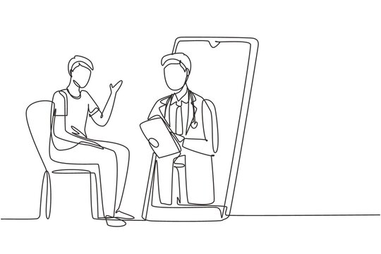 Continuous one line drawing male doctor holding clipboard checking condition of male patient sitting on chair. Online doctor consultation concept. Single line draw design vector graphic illustration