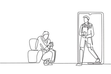 Single one line drawing male patient sitting curled up on sofa, using blanket, holding mug and there is male doctor walking out of smartphone, holding clipboard. Modern continuous line draw design