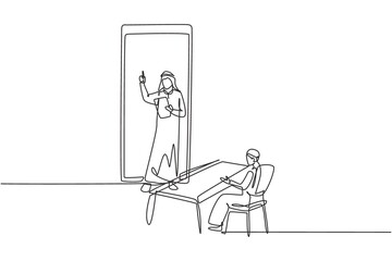 Single continuous line drawing Arab male teacher standing in front of smartphone screen holding book and teaching Arabian male students sitting on benches around desk. Dynamic one line draw graphic