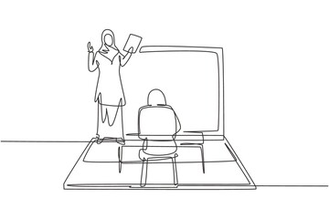 Continuous one line drawing Arabian female teacher standing in front of laptop screen holding book and teaching hijab female students sitting on benches around desk. Single design vector illustration