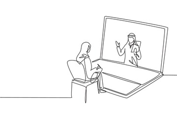 Single one line drawing hijab female student sitting studying staring at laptop screen and inside laptop there is male Arab lecturer who is teaching. Continuous draw design graphic vector illustration