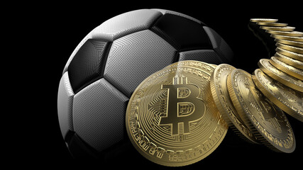 Virtual cryptocurrency money Bitcoin and Soccer ball. Blockchain network technology concept illustration. 3D CG. 3D high quality rendering. 3D illustration. - obrazy, fototapety, plakaty