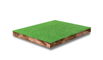 Soil cubic cross section with green grass field isolated on white background.