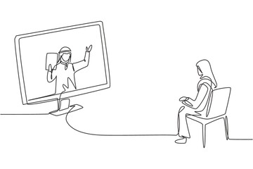 Continuous one line drawing hijab female student sitting studying staring at monitor screen and inside laptop there is male Arabian lecturer who is teaching. Single design vector graphic illustration