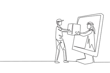 Single one line drawing Arabian male customer receives boxed package, through monitor screen from male courier. Online delivery service. Modern continuous line draw design graphic vector illustration