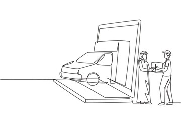 Single continuous line drawing delivery box car comes out partly from laptop screen and male courier gives package box to Arabic male customer. Dynamic one line draw graphic design vector illustration
