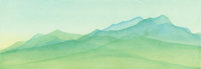 Mountains in blue green watercolor painted illustration, mountain range background, scenic landscape for travel or tourism background, nature and outdoors illustration © Abbies Art Shop