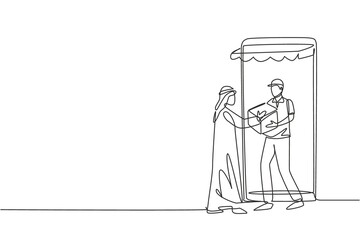 Continuous one line drawing courier comes out of giant smartphone screen with canopy and gives package box to Arabic male customer. Online delivery. Single line draw design vector graphic illustration