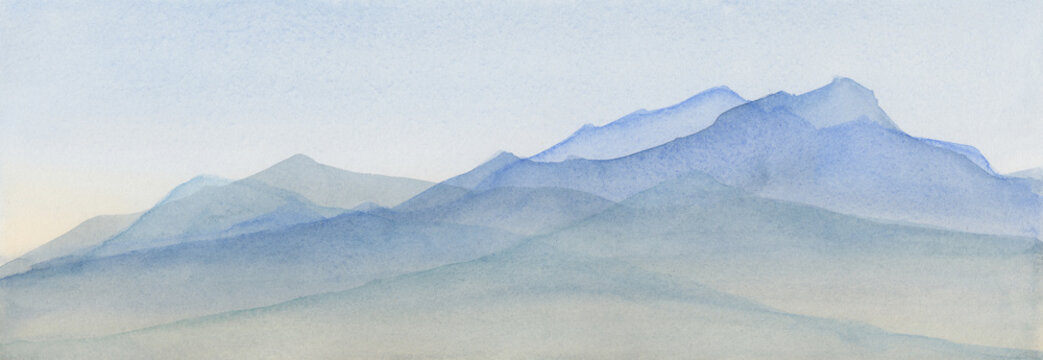 Mountains in blue watercolor painted illustration, mountain range background, scenic landscape for travel or tourism background, nature and outdoors illustration