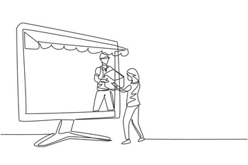 Single continuous line drawing male courier comes out of canopy monitor screen and gives package box to female customer. Fast respond delivery. Dynamic one line draw graphic design vector illustration