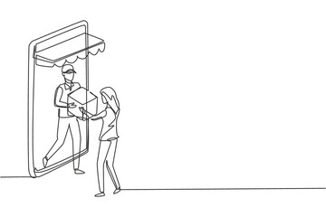Single continuous line drawing male courier comes out of a giant smartphone screen with a canopy and gives a package box to a female customer. Dynamic one line draw graphic design vector illustration