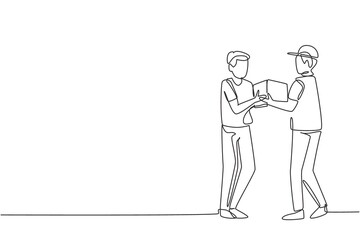 Single continuous line drawing courier gives package box to male customer. Online shopping. Online delivery service. Fast delivery parcel concept. One line draw graphic design vector illustration