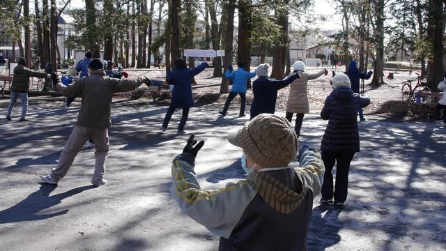 Asian elderly people practicing Tai Chi at a public park in Tokyo, Japan.