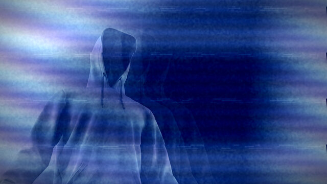 Anonymous hacker with black hoodie in shadow under blue line lighting background. Dangerous criminal concept image. 3D CG. 3D illustration. 3D high quality rendering.
