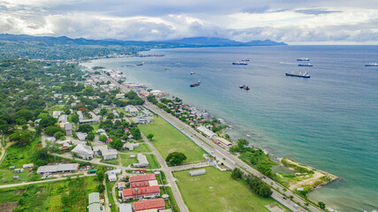 Ships and boats anchored in Honiara harbour, Solomon Islands.