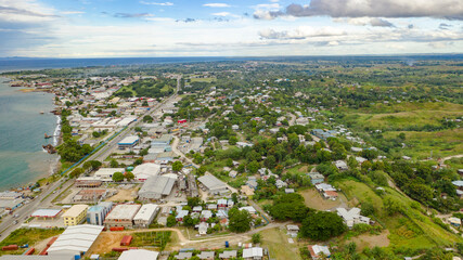 Aerial view of ships anchored near the industrial area harbour in Honiara.