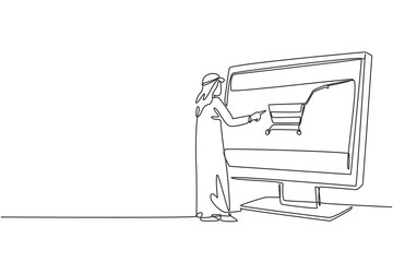 Continuous one line drawing young Arabian man shopping through monitor screen with shopping cart. E-shop, e-commerce, digital lifestyle concept. Single line draw design vector graphic illustration
