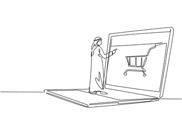 Single one line drawing of young Arabian man shopping through laptop screen with shopping cart. E-commerce, digital lifestyle concept. Modern continuous line draw design graphic vector illustration