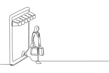 Single one line drawing Arabian woman coming out of canopy smartphone screen holding shopping bags. Digital lifestyle and consumerism concept. Continuous line draw design graphic vector illustration