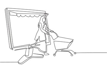 Fototapeta premium Single continuous line drawing Arab woman coming out of canopy monitor screen pushing a shopping cart. Digital lifestyle consumerism concept. Dynamic one line draw graphic design vector illustration