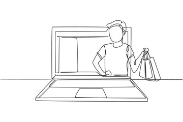 Single continuous line drawing young man coming out of laptop screen holding shopping bags. Sale, digital lifestyle and consumerism concept. Dynamic one line draw graphic design vector illustration