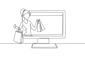 Continuous one line drawing young woman coming out of monitor screen holding shopping bags. Sale, digital lifestyle, consumerism and people concept. Single line draw design vector graphic illustration