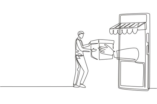 recommend clip art: Single continuous line drawing young man receives package box from large canopy smartphone screen and hands it over. Digital delivery concept. Dynamic one line draw graphic design vector illustration