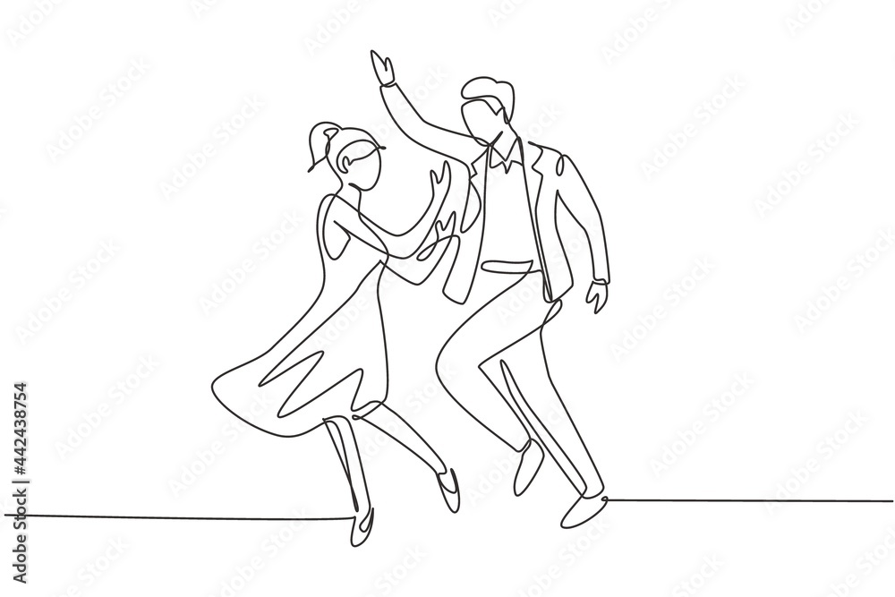 Poster Single continuous line drawing man and woman performing dance at school, studio, party. Male and female characters dancing tango at Milonga. Dynamic one line draw graphic design vector illustration